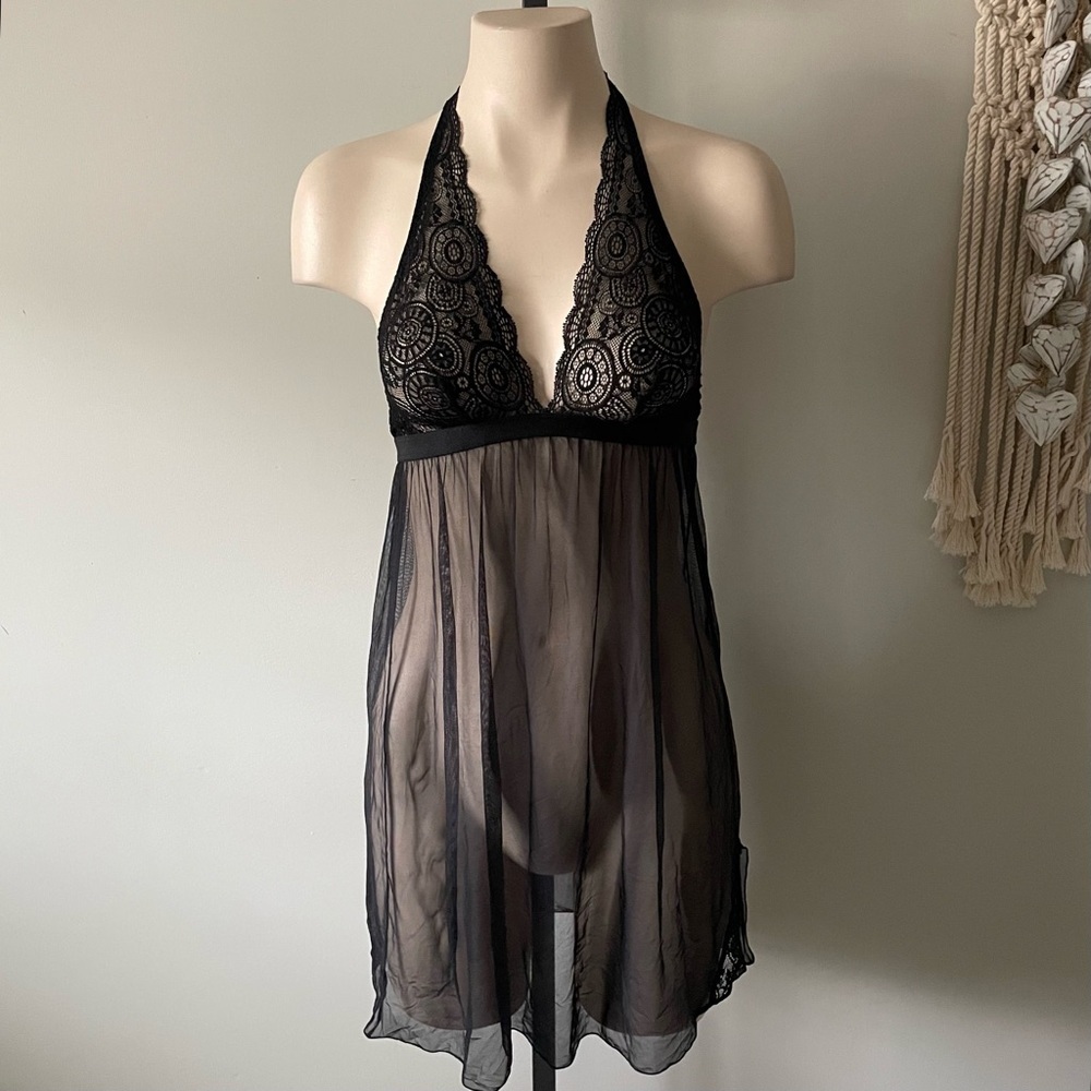 Cosabella Italy Lace Halter Babydoll Chemise Lingerie Mesh Black Size Small
